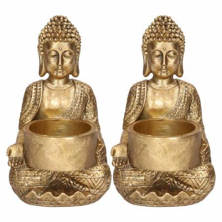 2x Zittende Boeddha waxinelichthouder goud 14 cm
