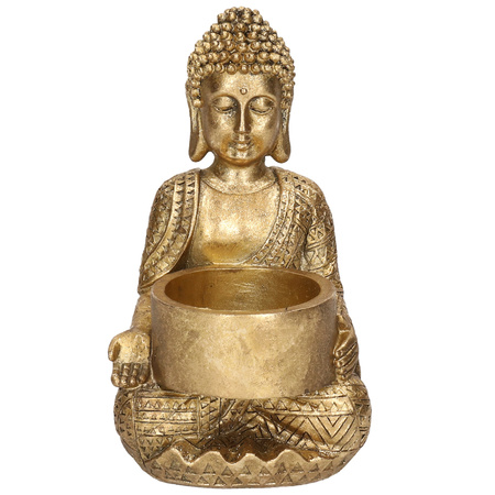 2x Zittende Boeddha waxinelichthouder goud 14 cm