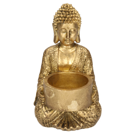2x Zittende Boeddha waxinelichthouders goud 14 cm