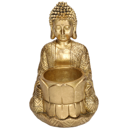 2x Zittende Boeddha waxinelichthouders goud 14 cm