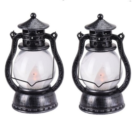 2x Black/grey lantern deco 12 cm flame LED light batteries