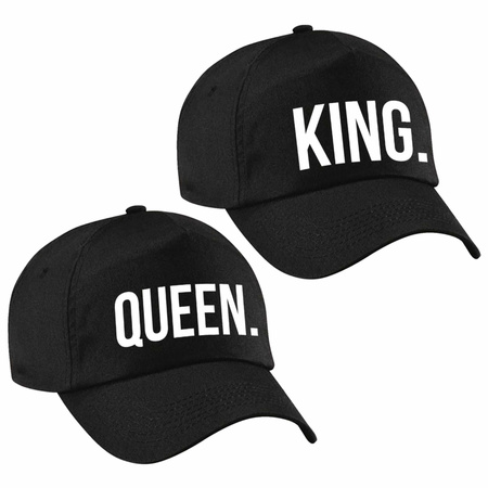 2x zwarte baseballcaps met King en Queen tekst