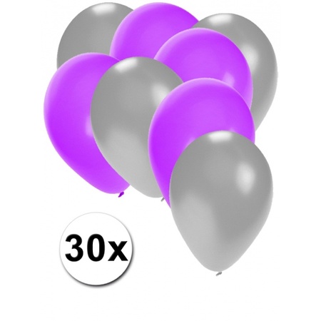 30x ballonnen 27 cm - zilver / paarseversiering 