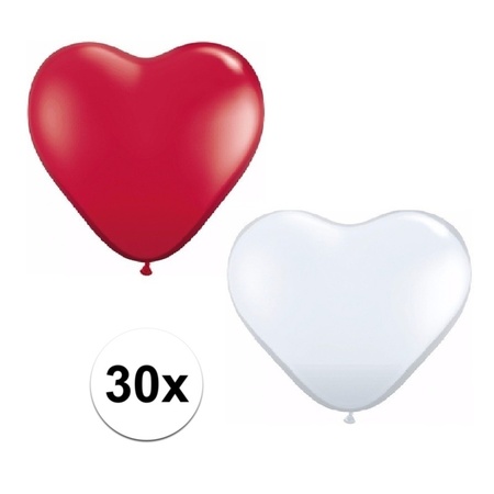 30x bruiloft ballonnen wit / rood hartjes versiering