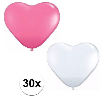 30x bruiloft ballonnen wit / roze hartjes versiering