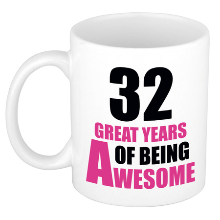 32 great years of being awesome - gift mug white and pink 300 ml