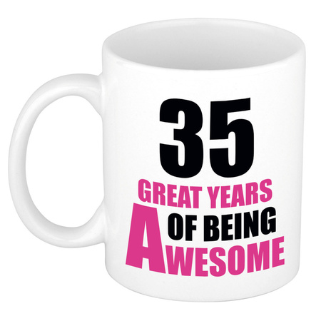 35 great years of being awesome - gift mug white and pink 300 ml