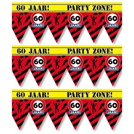 3x 60 years party tape/marker ribbons warning 12 m decoration