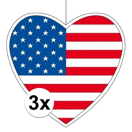 3x America hang decoration heart 14 cm