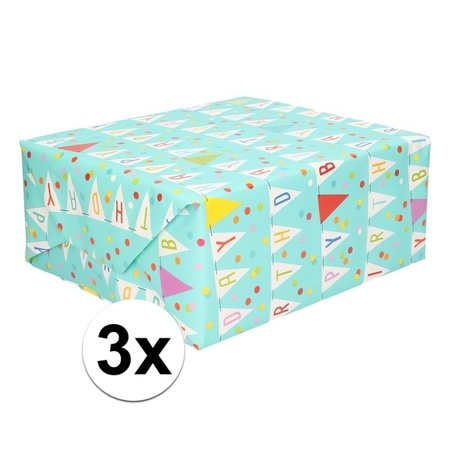 3x Blue wrapping paper Happy Birthday flags 200 x 70 cm rolls