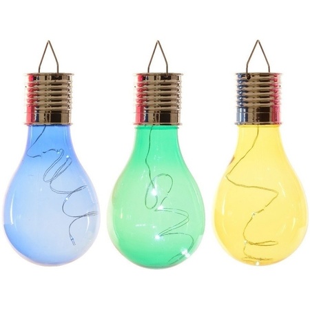 3x Buiten LED blauw/groen/geel peertjes solar verlichting 14 cm
