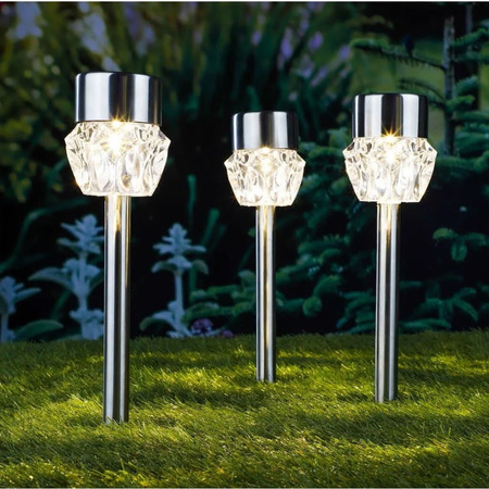 3x Buiten/tuin LED zilveren stekers Crystal solar verlichting 35 cm RVS warm wit