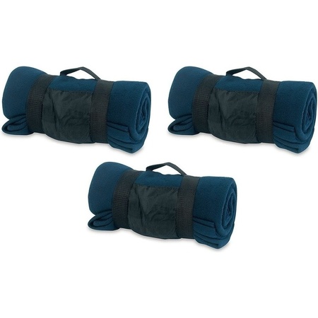 3x Fleece dekens/plaids blauw afneembaar handvat 160 x 130 cm