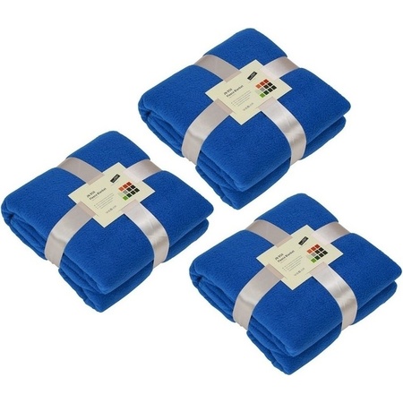 3x Fleece dekens/plaids kobaltblauw 130 x 170 cm