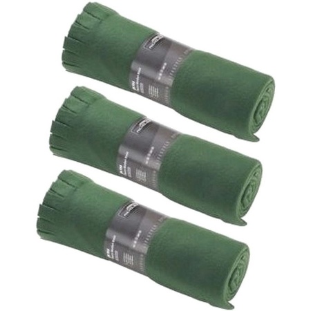 3x Fleece dekens/plaids met franjes donker groen 130 x 170 cm