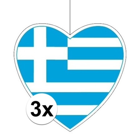 3x Griekenland hangdecoratie harten 14 cm