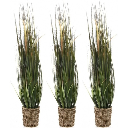 3x Green grassplants artificial plants 80 cm in straw pot