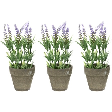3x Groene/lilapaarse Lavandula/lavendel kunstplanten 25 cm in po