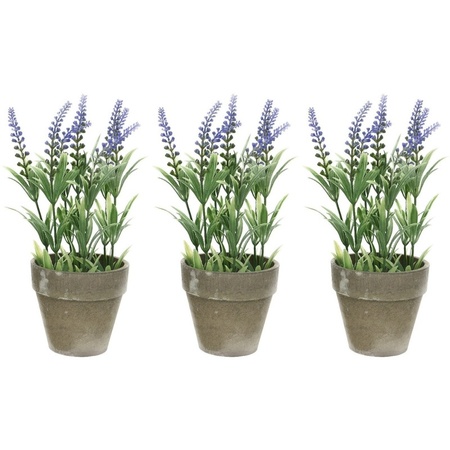3x Groene/paarse Lavandula/lavendel kunstplant 25 cm in betonpot