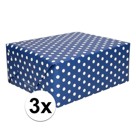 3x Inpakpapier/cadeaupapier blauw met stippen 200 x 70 cm rollen
