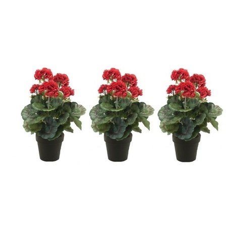 3x Artificial Geranium plant red in black pot 35 cm 