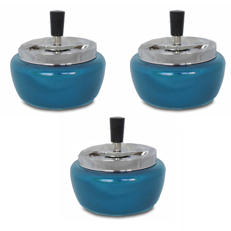 3x Rotating ashtrays metallic blue 13 cm