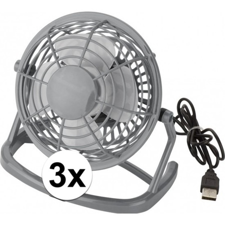 3x Mini bureau ventilator USB grijs
