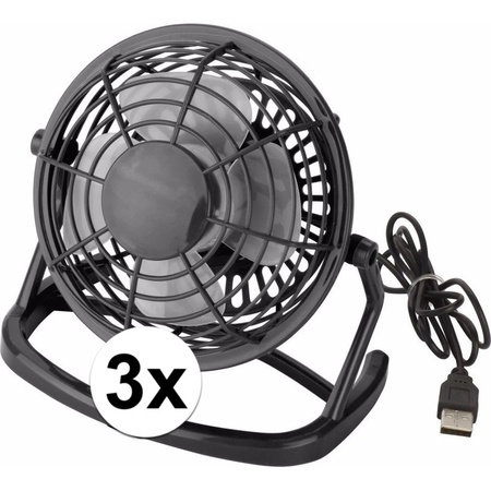 3x Mini bureau ventilator USB zwart