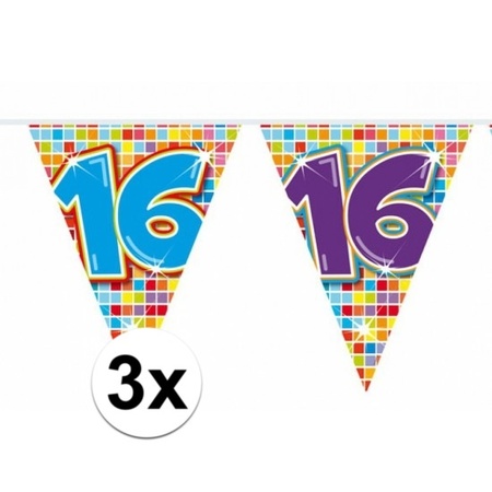 3x Mini vlaggenlijn / slinger verjaardag versiering 16 jaar