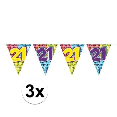 3x Mini vlaggenlijn / slinger verjaardag versiering 21 jaar