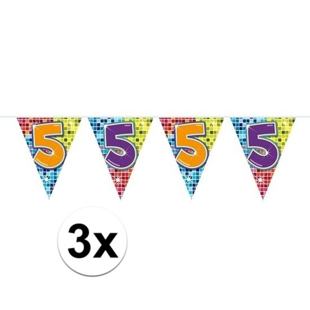 3x Mini vlaggenlijn / slinger verjaardag versiering 5 jaar