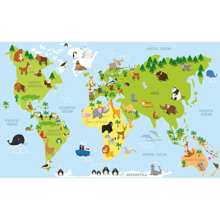 3x Posters wereldkaart met dieren / natuurlijke leefgebieden voor op kinderkamer / school 84 x 52 cm