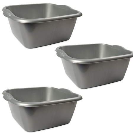 3x Rectangular dish wash bins/buckets silver 3 liters 25 x 10 cm