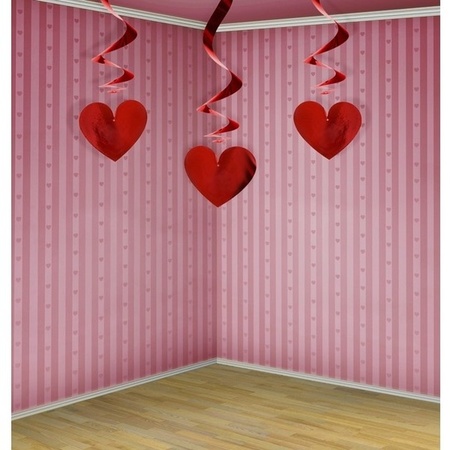 3x Red hearts hanging decoration swirls 60 cm