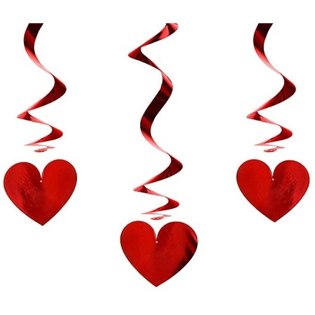 3x Red hearts hanging decoration swirls 60 cm