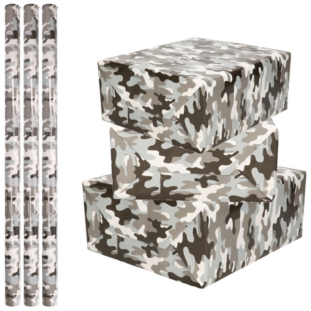 3x Roll Gift paper / school books cover paper camouflage grey 200 x 70 cm