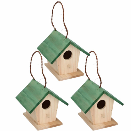 3x stuks houten vogelhuisje/nestkastje met groen dak 17 cm
