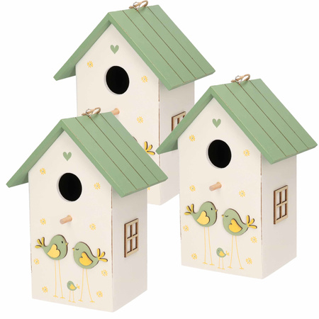 3x stuks nestkast/vogelhuisje hout wit met groen dak 15 x 12 x 22 cm