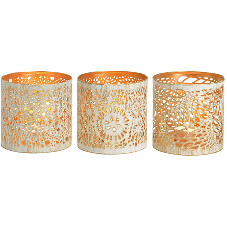 3x Metal tealights/candle holders set white/gold 11 cm