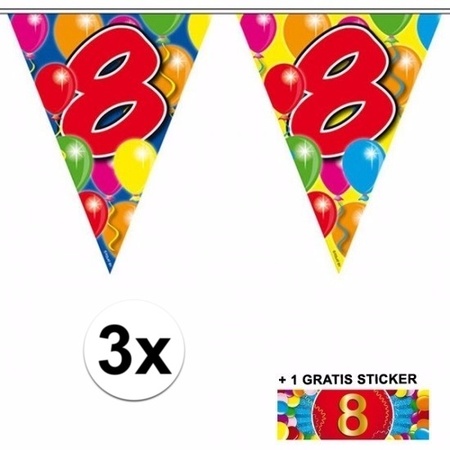 3x vlaggenlijn 8 jaar met gratis sticker