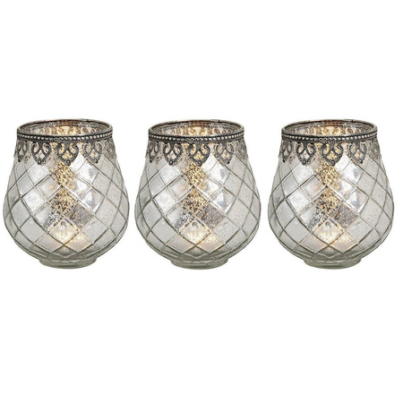3x Tealight holders/lanterns antique silver 14 x 13 cm metal / glass