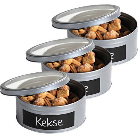 3x Silver round cookie jars storage tins 20 cm with chalkboard sticker