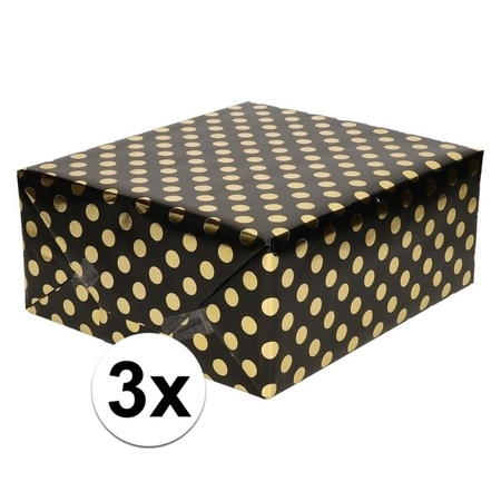 3x Black foil wrappingpaper/giftwrapping gold dot 200 x 70 cm