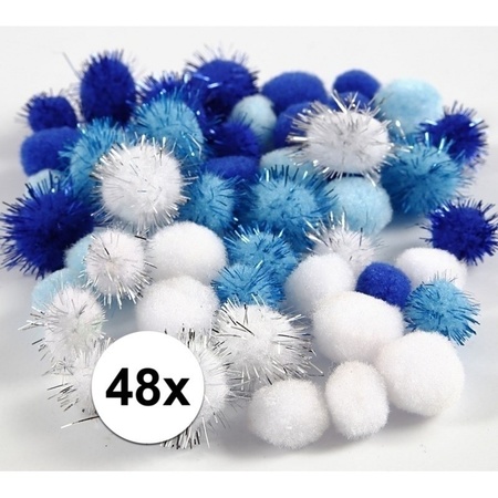 48x craft pompoms 15-20  mm white/ blue