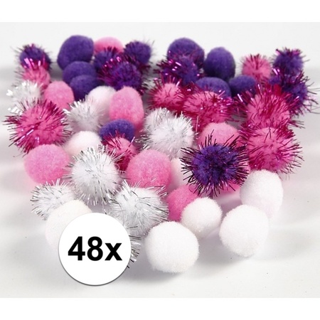 48x knutsel pompons 15-20 mm wit/paars