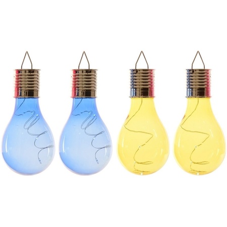 4x Outdoor/garden LED blue/yellow pear bulbs solar light 14 cm