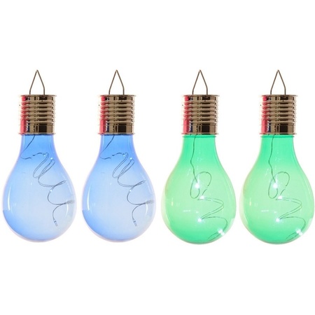4x Outdoor/garden LED blue/green pear bulbs solar light 14 cm