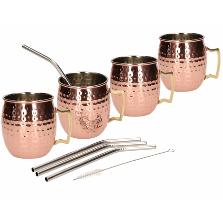  4x Cocktail mugs/glasses Moscow Mule 450 ml copper with 4 RVS straws