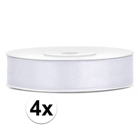 4x Hobby/decoration white satin ribbons 1.2 cm/12 mm x 25 meters