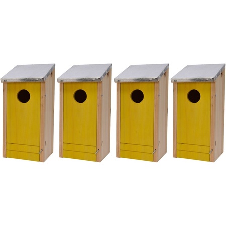 4x Wooden nesting bird houses with yellow front 19 cm